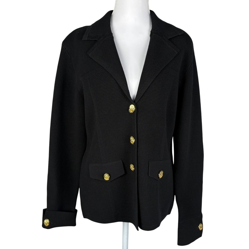 St John Pique Knit Blazer Womens 12 Black Notch Lapel Gold Buttons Luxury NWT